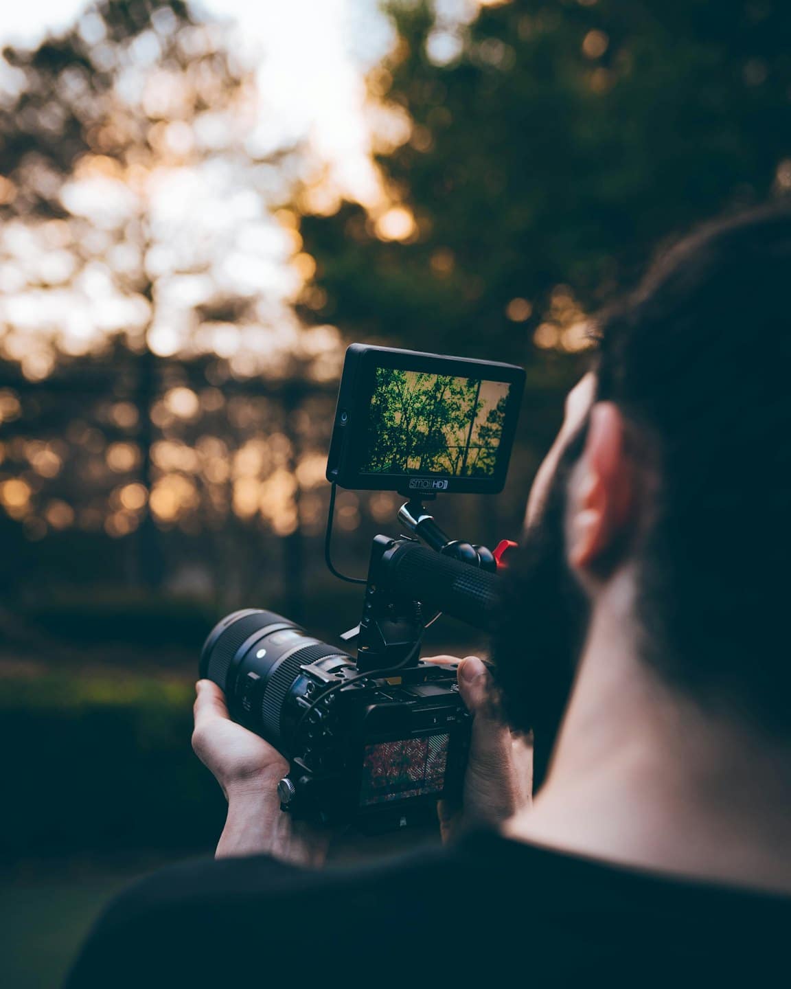 Un videografo tiene un'attrezzatura per telecamera mentre filma nei boschi.